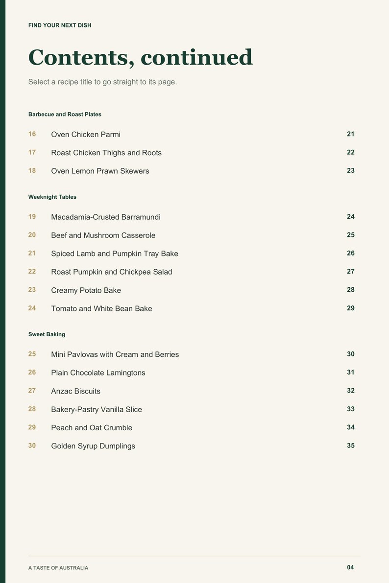 Actual PDF page 4 from A Taste of Australia: Contents, page 2.