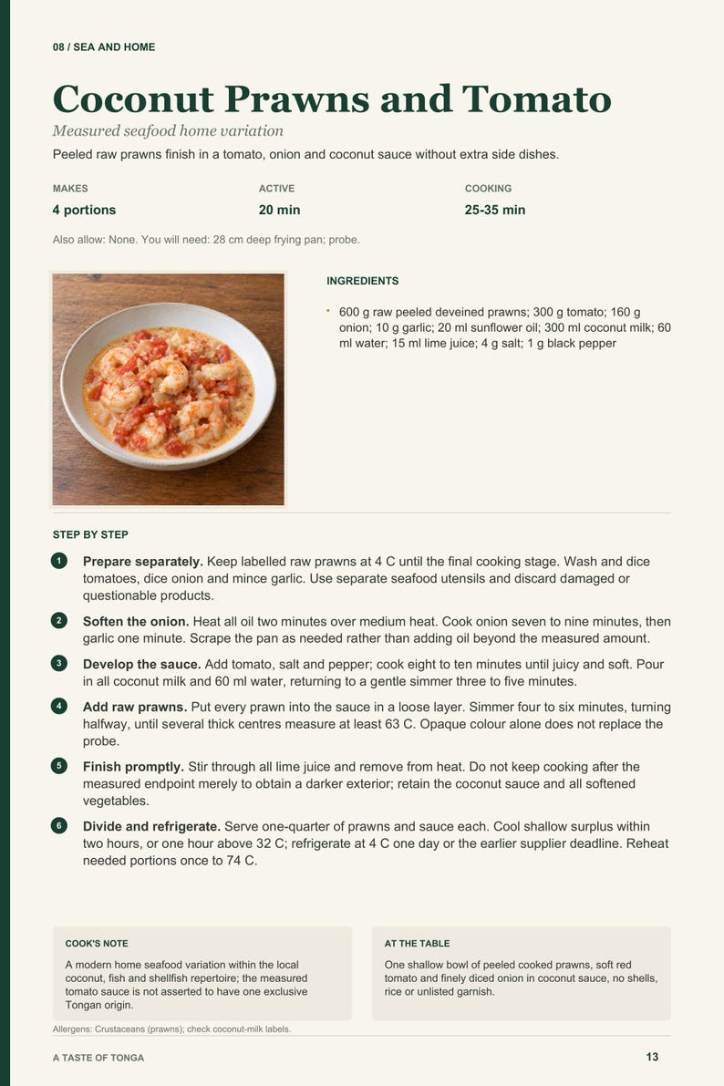 Actual PDF page 13 from A Taste of Tonga: Coconut Prawns and Tomato recipe page.