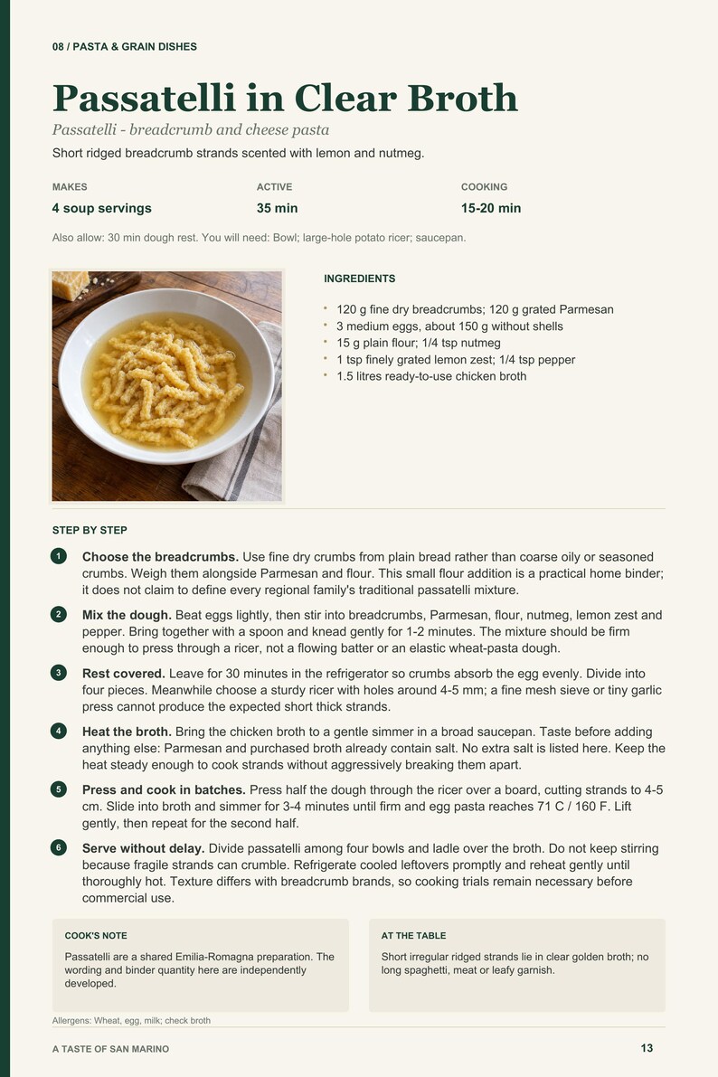 Actual PDF page 13 from A Taste of San Marino: Passatelli in Clear Broth recipe page.