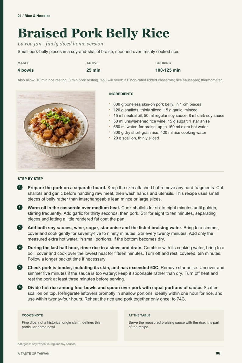 Actual PDF page 6 from A Taste of Taiwan: Braised Pork Belly Rice recipe page.