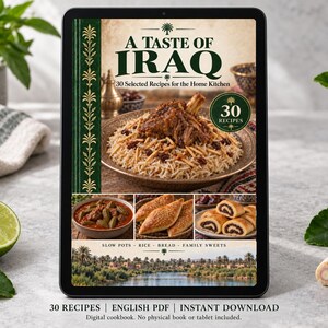 Digital cookbook mockup displaying the actual A Taste of Iraq cover. English PDF download only; no tablet or physical book included.