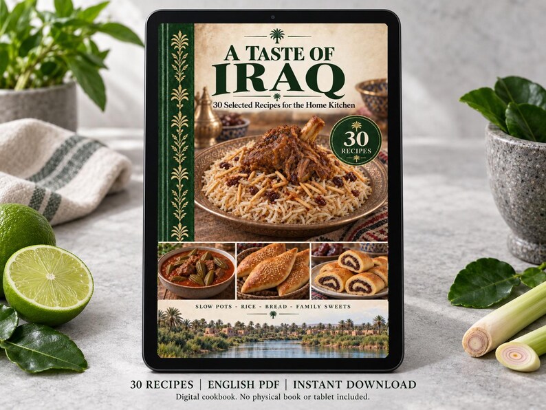 Digital cookbook mockup displaying the actual A Taste of Iraq cover. English PDF download only; no tablet or physical book included.