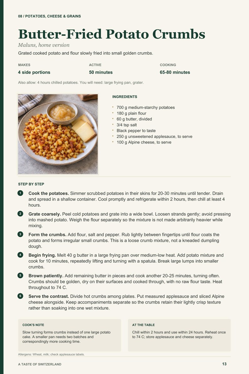 Actual PDF page 13 from A Taste of Switzerland: Butter-Fried Potato Crumbs recipe page.