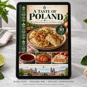 Digital cookbook mockup displaying the actual A Taste of Poland cover. English PDF download only; no tablet or physical book included.