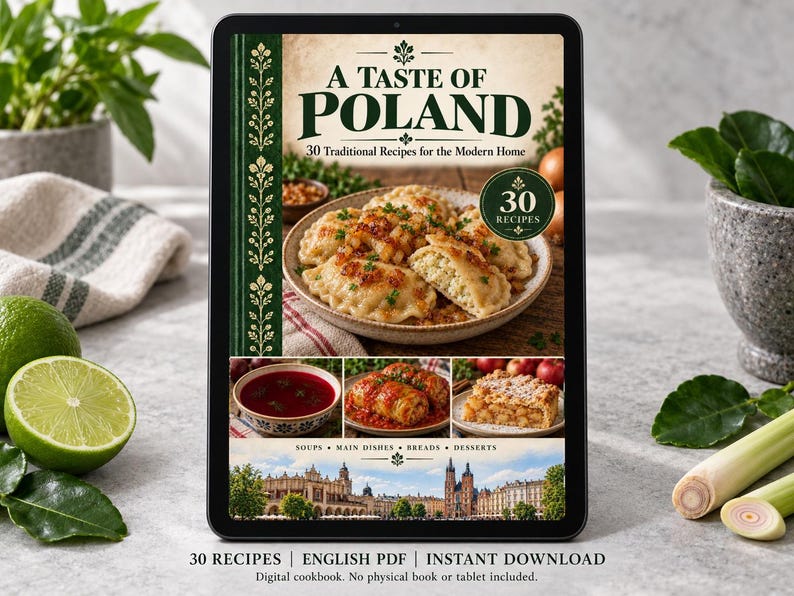 Digital cookbook mockup displaying the actual A Taste of Poland cover. English PDF download only; no tablet or physical book included.