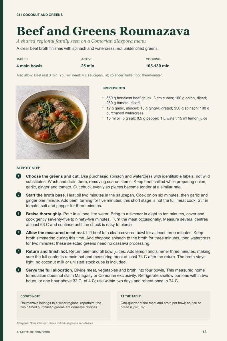 Actual PDF page 13 from A Taste of Comoros: Beef and Greens Roumazava recipe page.