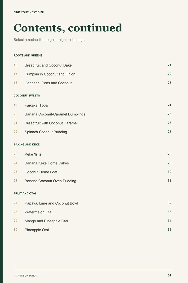 Actual PDF page 4 from A Taste of Tonga: Contents, page 2.