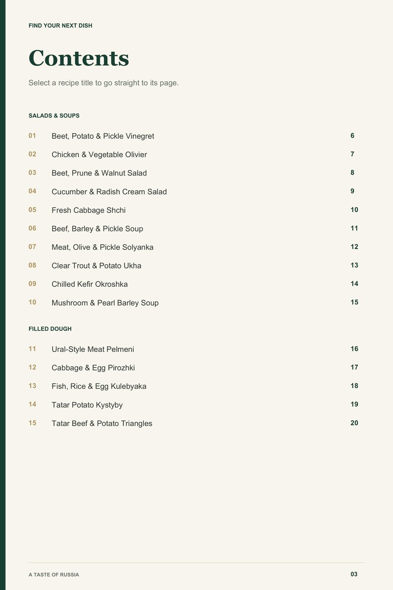 Actual PDF page 3 from A Taste of Russia: Contents, page 1.