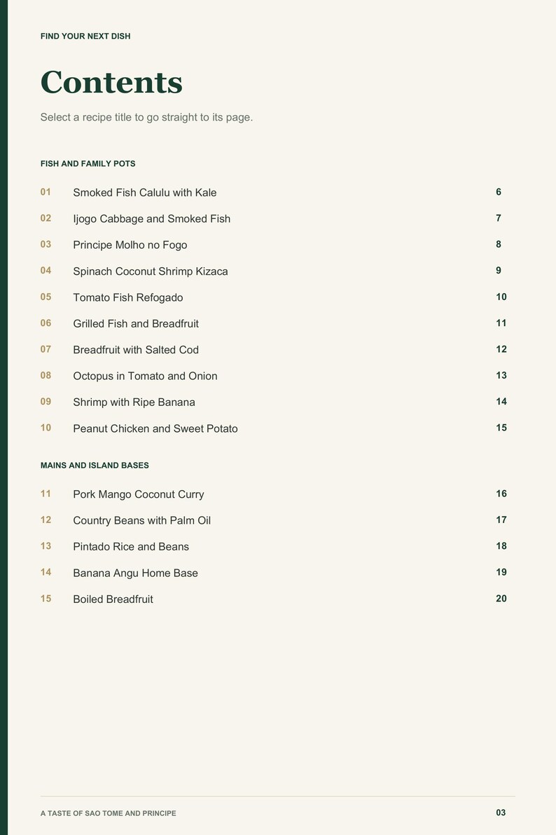 Actual PDF page 3 from A Taste of Sao Tome and Principe: Contents, page 1.
