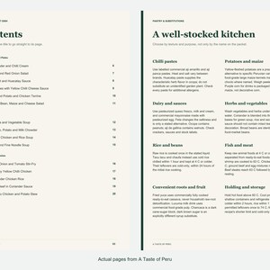Actual contents and kitchen-notes pages from A Taste of Peru.