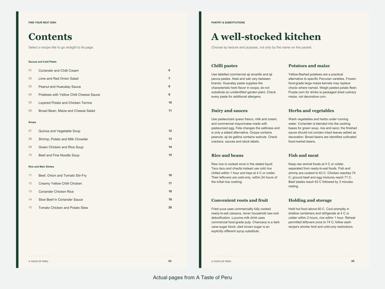 Actual contents and kitchen-notes pages from A Taste of Peru.