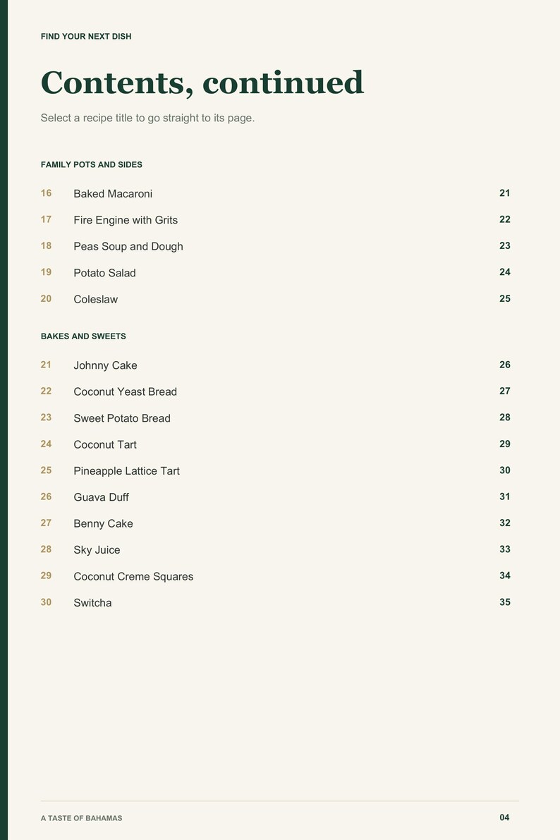 Actual PDF page 4 from A Taste of Bahamas: Contents, page 2.