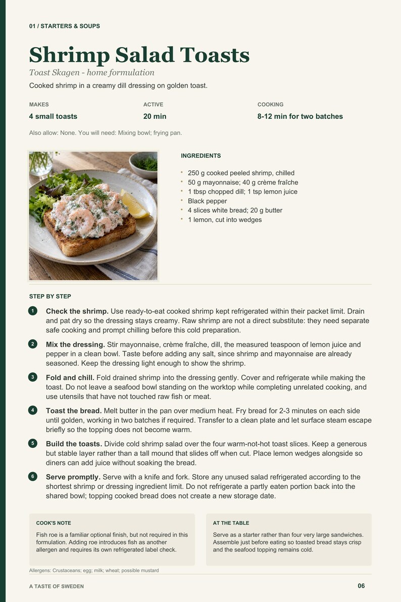 Actual PDF page 6 from A Taste of Sweden: Shrimp Salad Toasts recipe page.