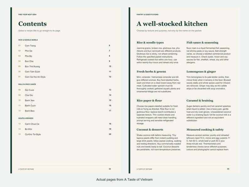 Actual contents and kitchen-notes pages from A Taste of Vietnam.