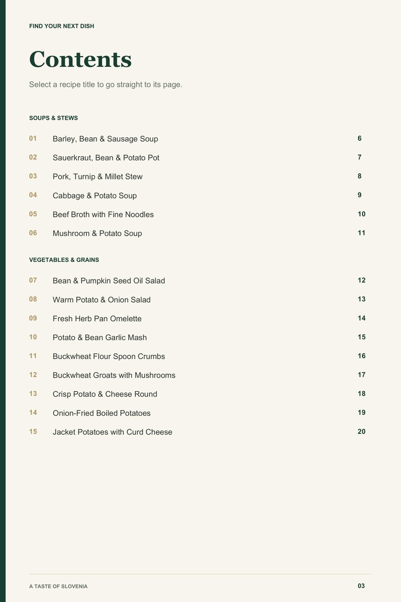 Actual PDF page 3 from A Taste of Slovenia: Contents, page 1.