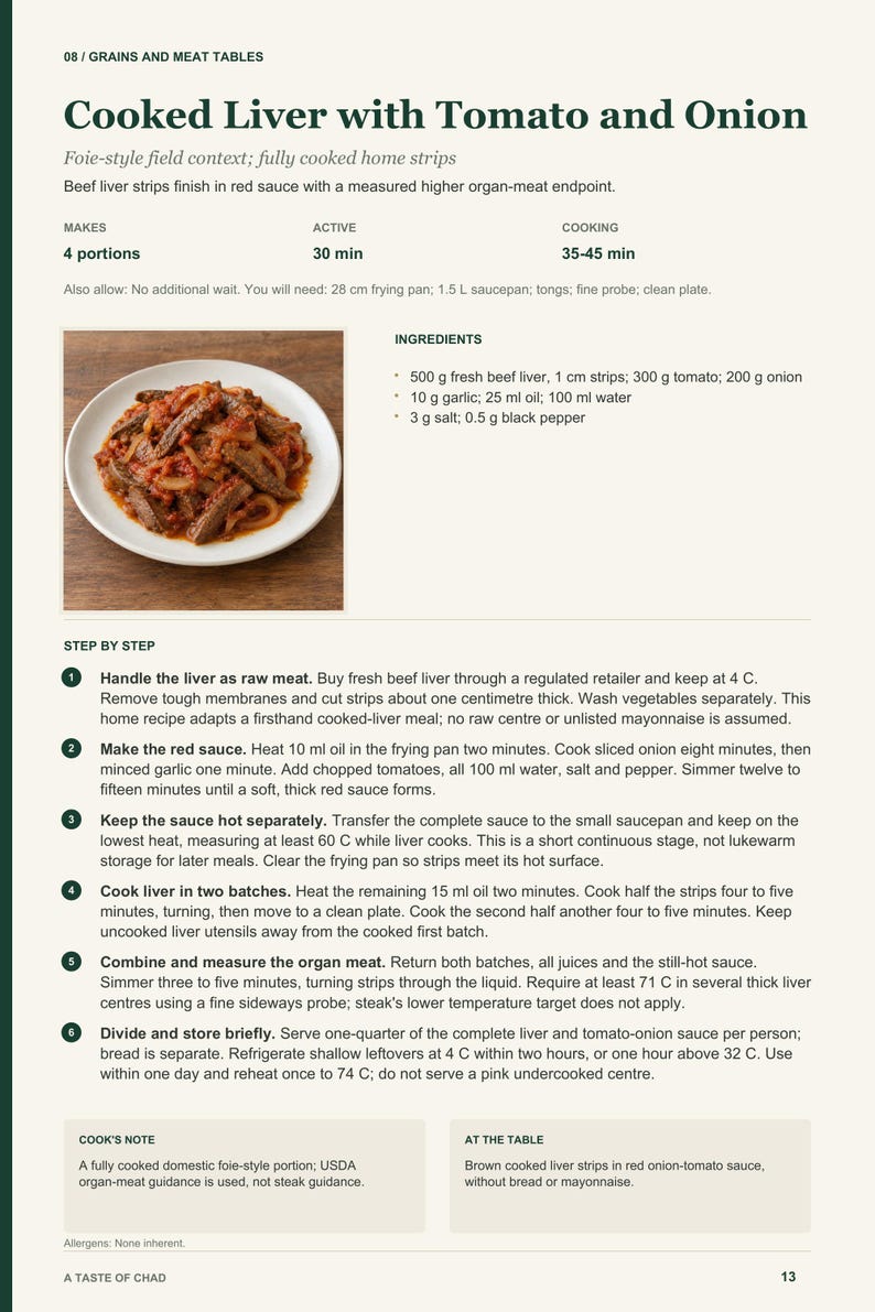 Actual PDF page 13 from A Taste of Chad: Cooked Liver with Tomato and Onion recipe page.