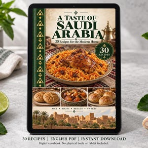 Digital cookbook mockup displaying the actual A Taste of Saudi Arabia cover. English PDF download only; no tablet or physical book included.