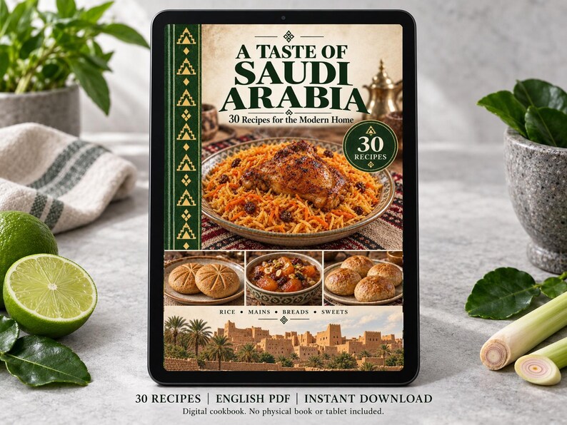 Digital cookbook mockup displaying the actual A Taste of Saudi Arabia cover. English PDF download only; no tablet or physical book included.