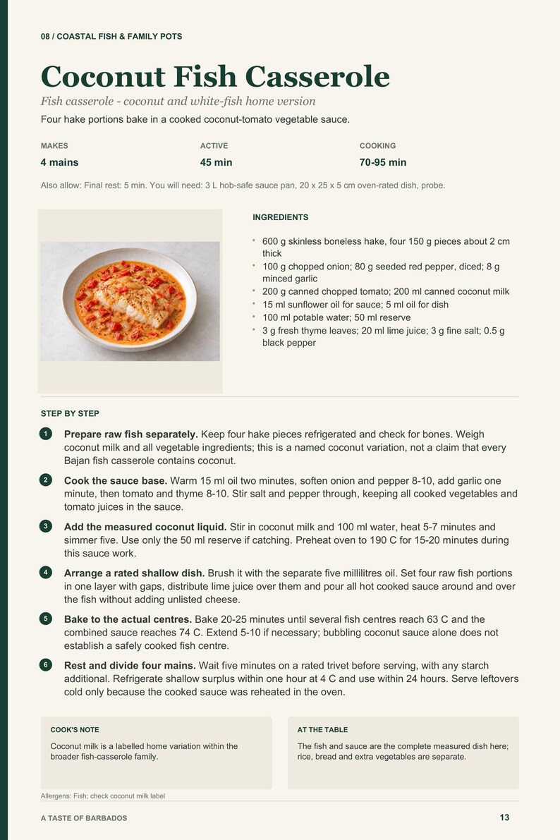 Actual PDF page 13 from A Taste of Barbados: Coconut Fish Casserole recipe page.