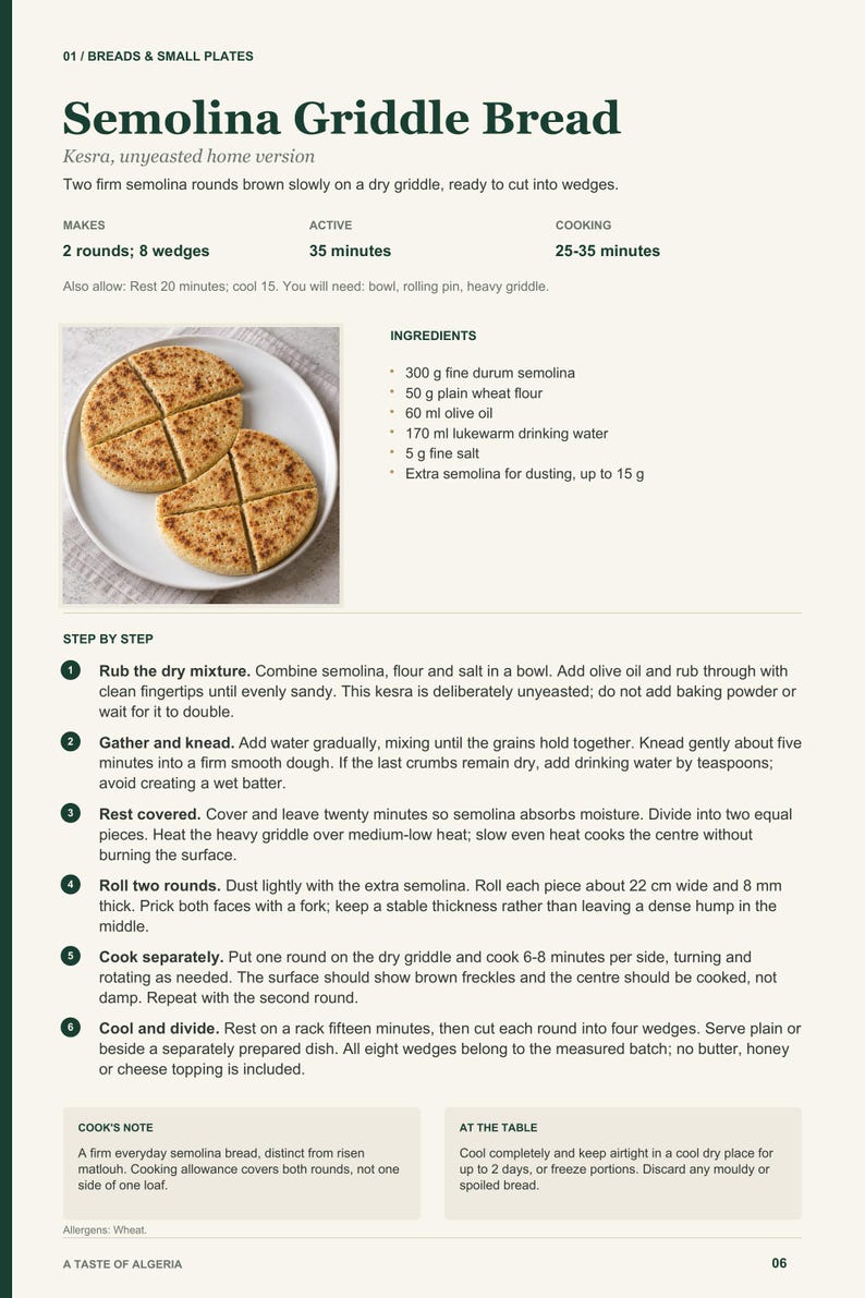 Actual PDF page 6 from A Taste of Algeria: Semolina Griddle Bread recipe page.