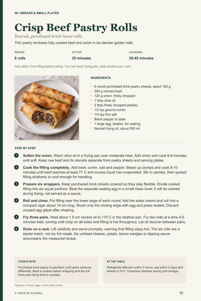 Actual PDF page 13 from A Taste of Algeria: Crisp Beef Pastry Rolls recipe page.
