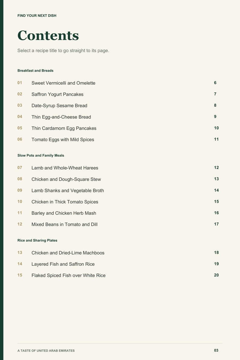 Actual PDF page 3 from A Taste of United Arab Emirates: Contents, page 1.