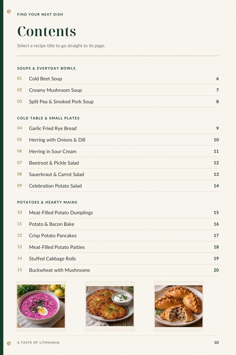Actual PDF page 3 from A Taste of Lithuania: Contents, page 1.