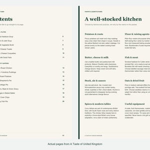 Actual contents and kitchen-notes pages from A Taste of United Kingdom.
