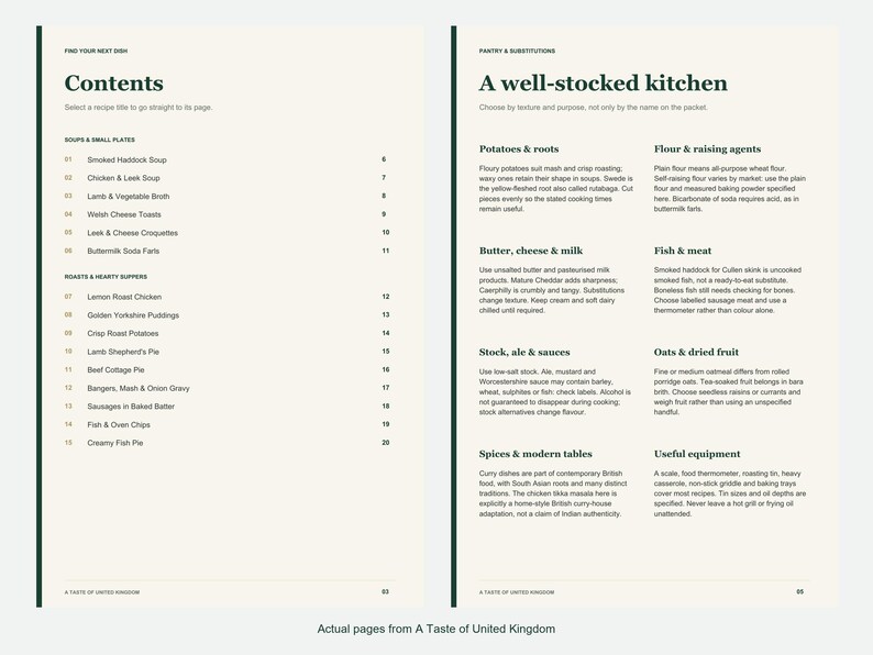 Actual contents and kitchen-notes pages from A Taste of United Kingdom.