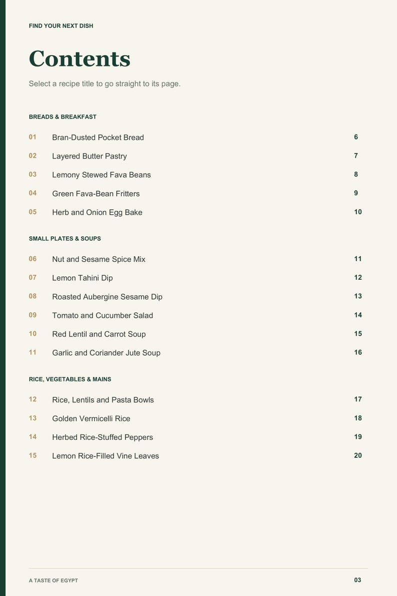 Actual PDF page 3 from A Taste of Egypt: Contents, page 1.