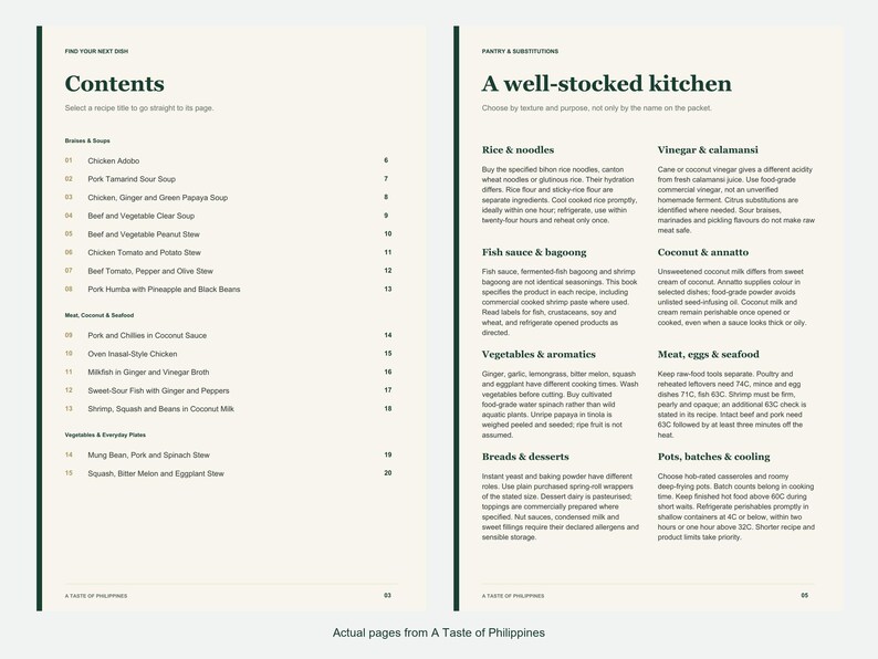 Actual contents and kitchen-notes pages from A Taste of Philippines.