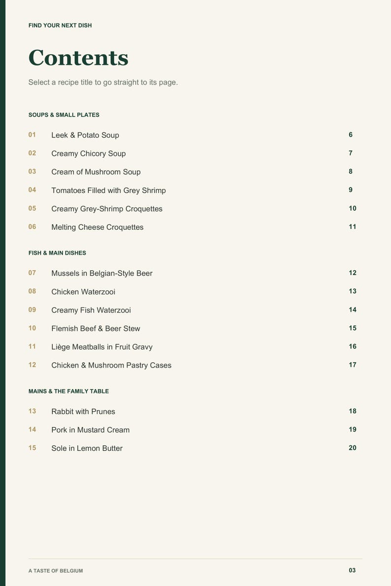 Actual PDF page 3 from A Taste of Belgium: Contents, page 1.