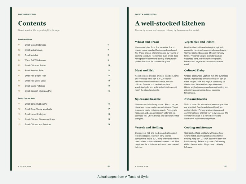 Actual contents and kitchen-notes pages from A Taste of Syria.