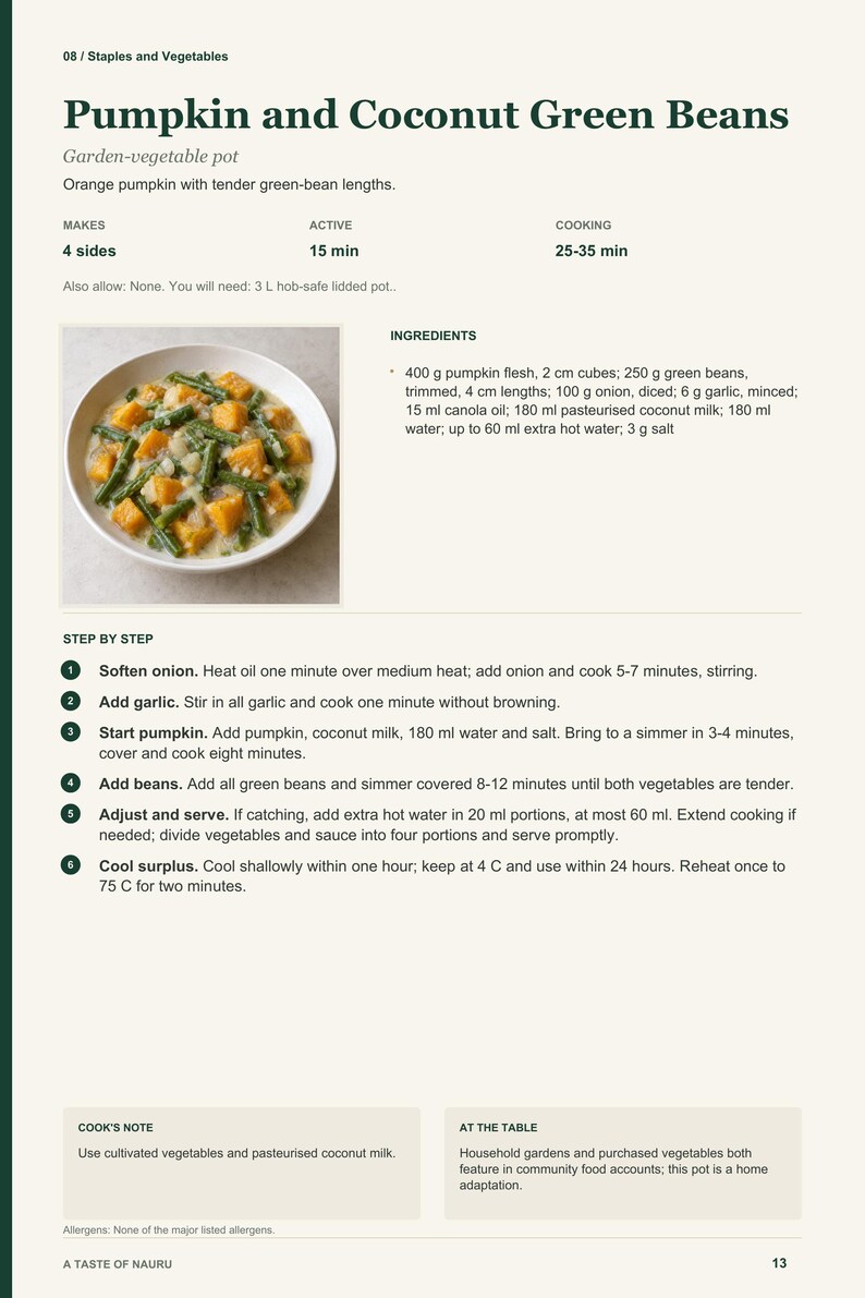 Actual PDF page 13 from A Taste of Nauru: Pumpkin and Coconut Green Beans recipe page.