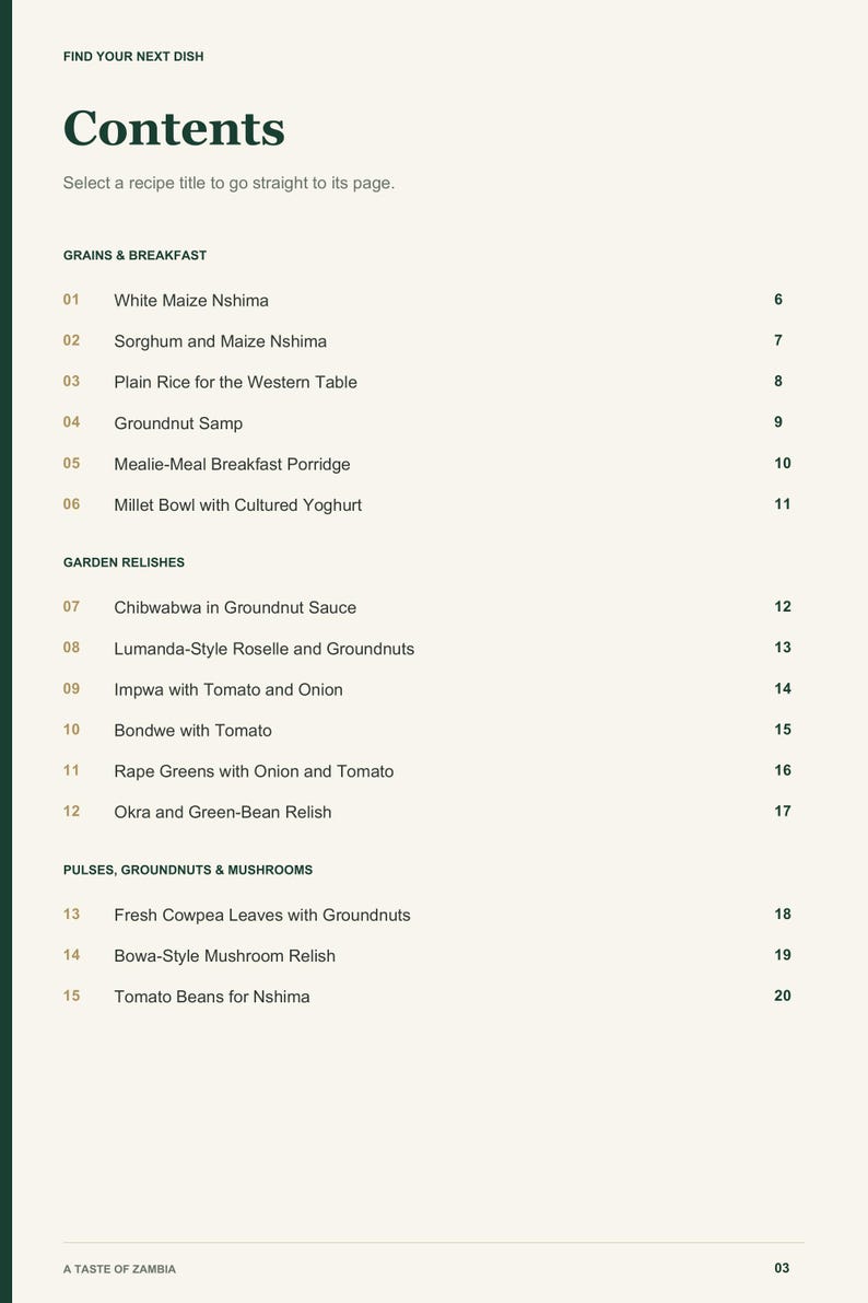 Actual PDF page 3 from A Taste of Zambia: Contents, page 1.