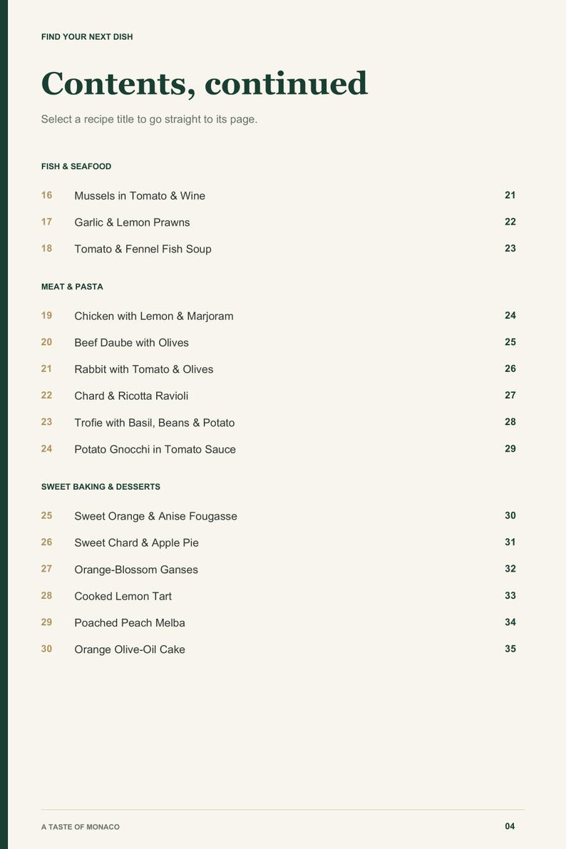Actual PDF page 4 from A Taste of Monaco: Contents, page 2.