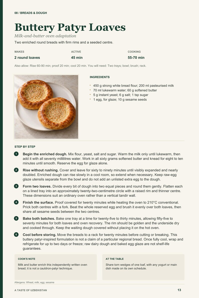 Actual PDF page 13 from A Taste of Uzbekistan: Buttery Patyr Loaves recipe page.
