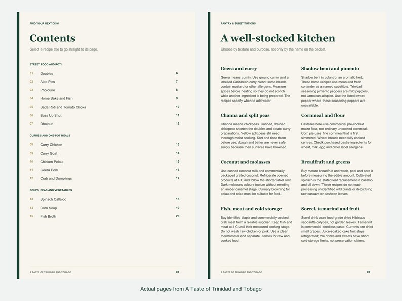 Actual contents and kitchen-notes pages from A Taste of Trinidad and Tobago.