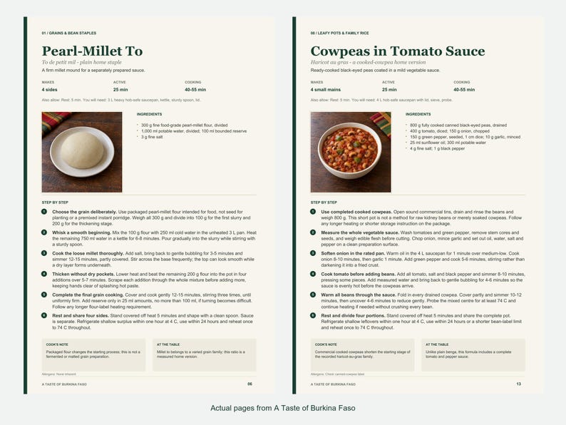 Two actual recipe pages from A Taste of Burkina Faso.