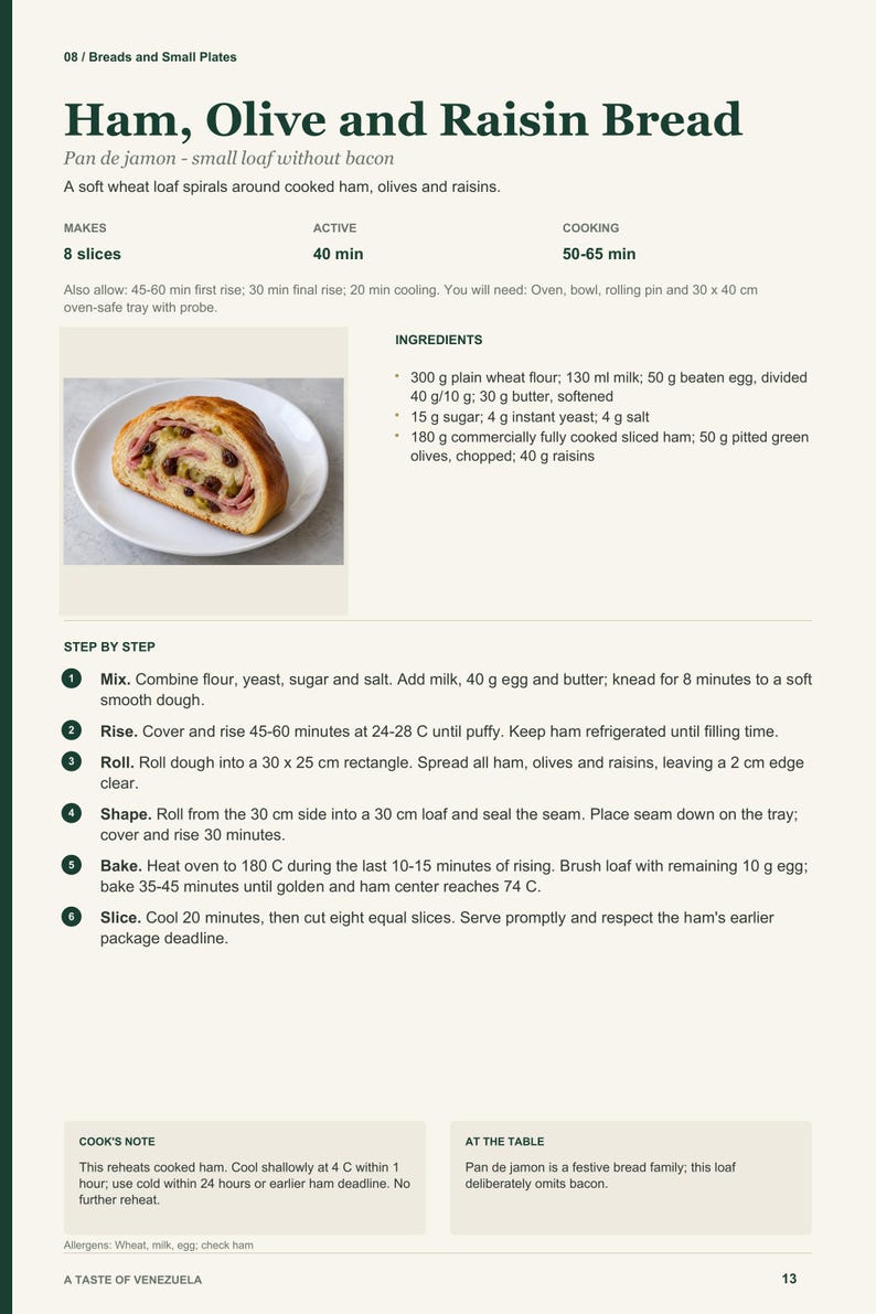Actual PDF page 13 from A Taste of Venezuela: Ham, Olive and Raisin Bread recipe page.