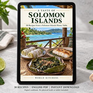 Digital cookbook mockup displaying the actual A Taste of Solomon Islands cover. English PDF download only; no tablet or physical book included.