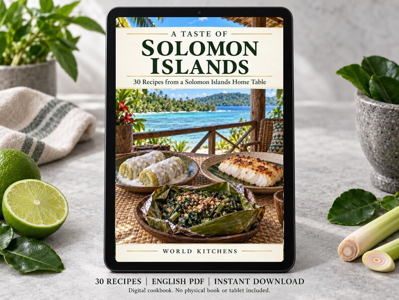 Digital cookbook mockup displaying the actual A Taste of Solomon Islands cover. English PDF download only; no tablet or physical book included.