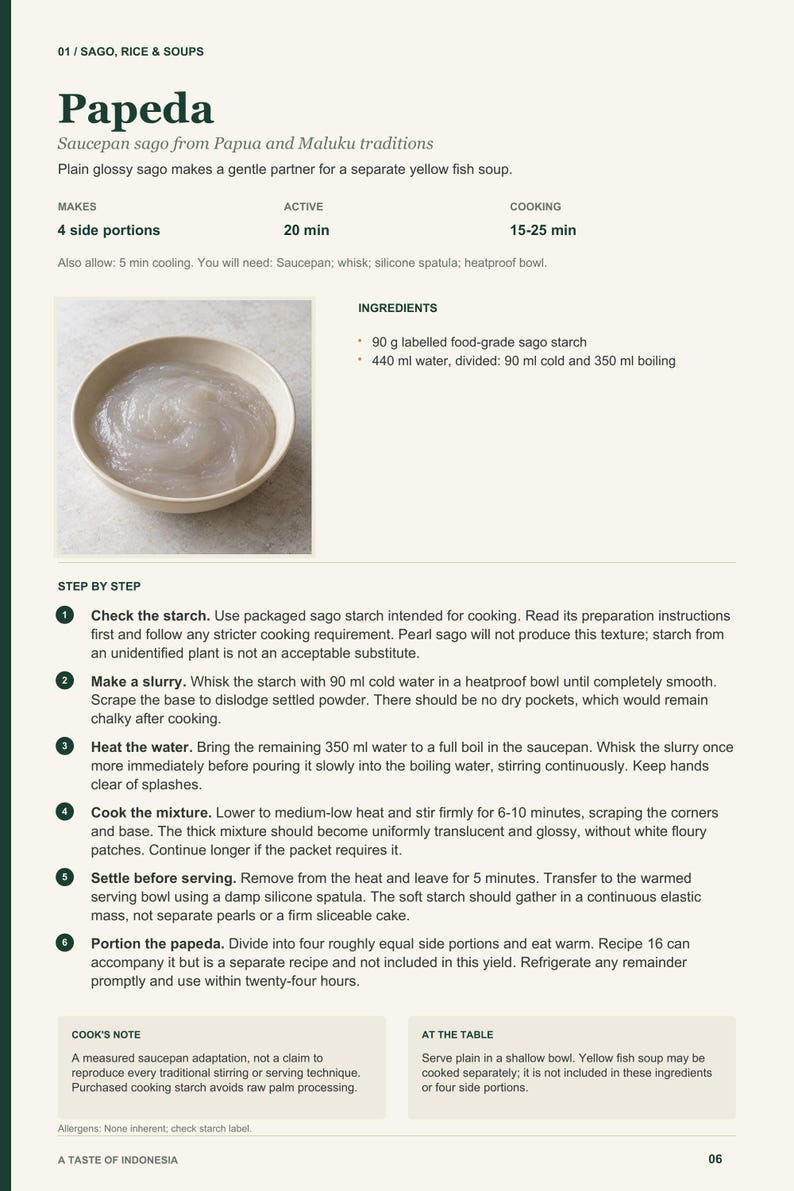Actual PDF page 6 from A Taste of Indonesia: Papeda recipe page.