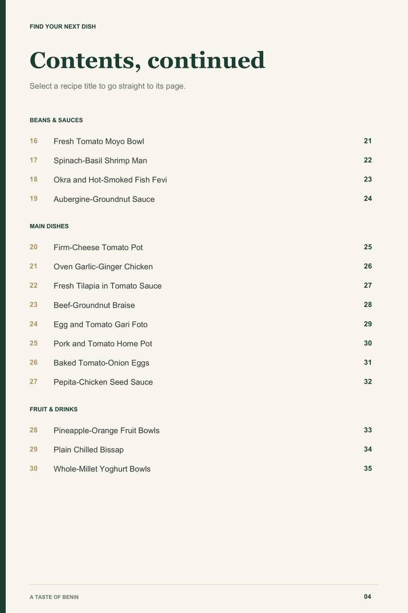 Actual PDF page 4 from A Taste of Benin: Contents, page 2.