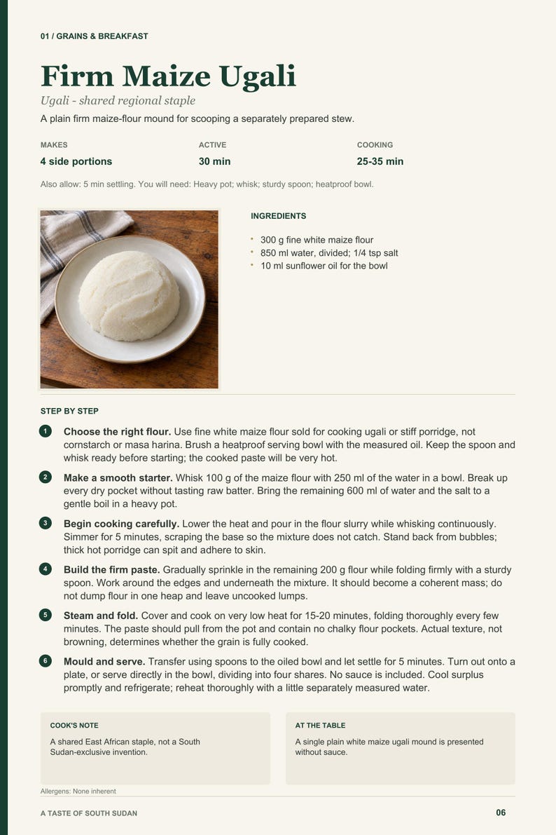 Actual PDF page 6 from A Taste of South Sudan: Firm Maize Ugali recipe page.