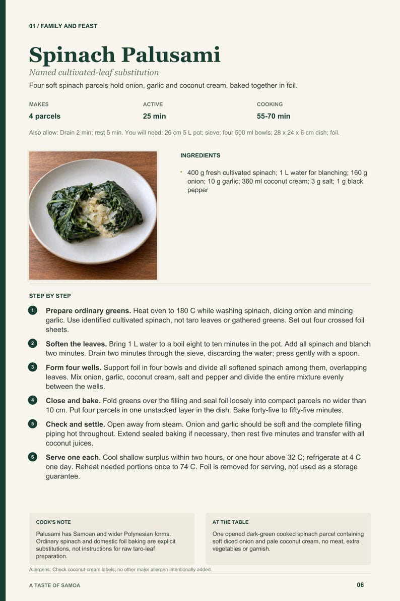 Actual PDF page 6 from A Taste of Samoa: Spinach Palusami recipe page.