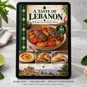 Digital cookbook mockup displaying the actual A Taste of Lebanon cover. English PDF download only; no tablet or physical book included.