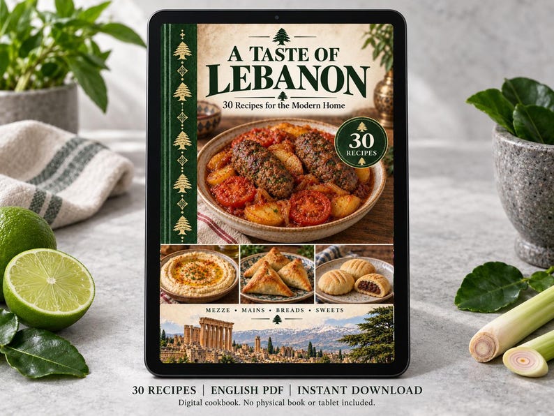 Digital cookbook mockup displaying the actual A Taste of Lebanon cover. English PDF download only; no tablet or physical book included.