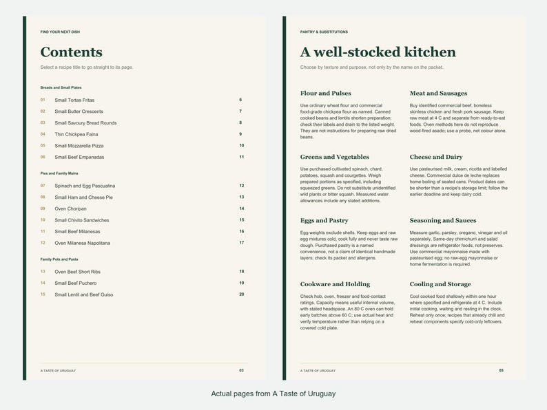 Actual contents and kitchen-notes pages from A Taste of Uruguay.