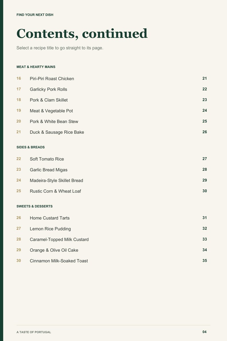 Actual PDF page 4 from A Taste of Portugal: Contents, page 2.